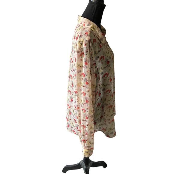 Ann Taylor LOFT Long Sleeve Sheer Cream Red Floral Button Up Blouse, Sz XL - Picture 9 of 10